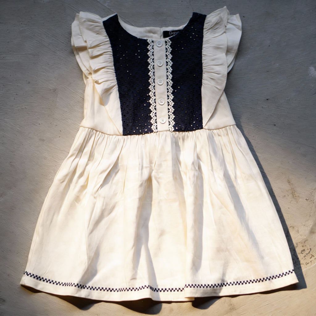 Cream & Navy Broderie Yoke Dress