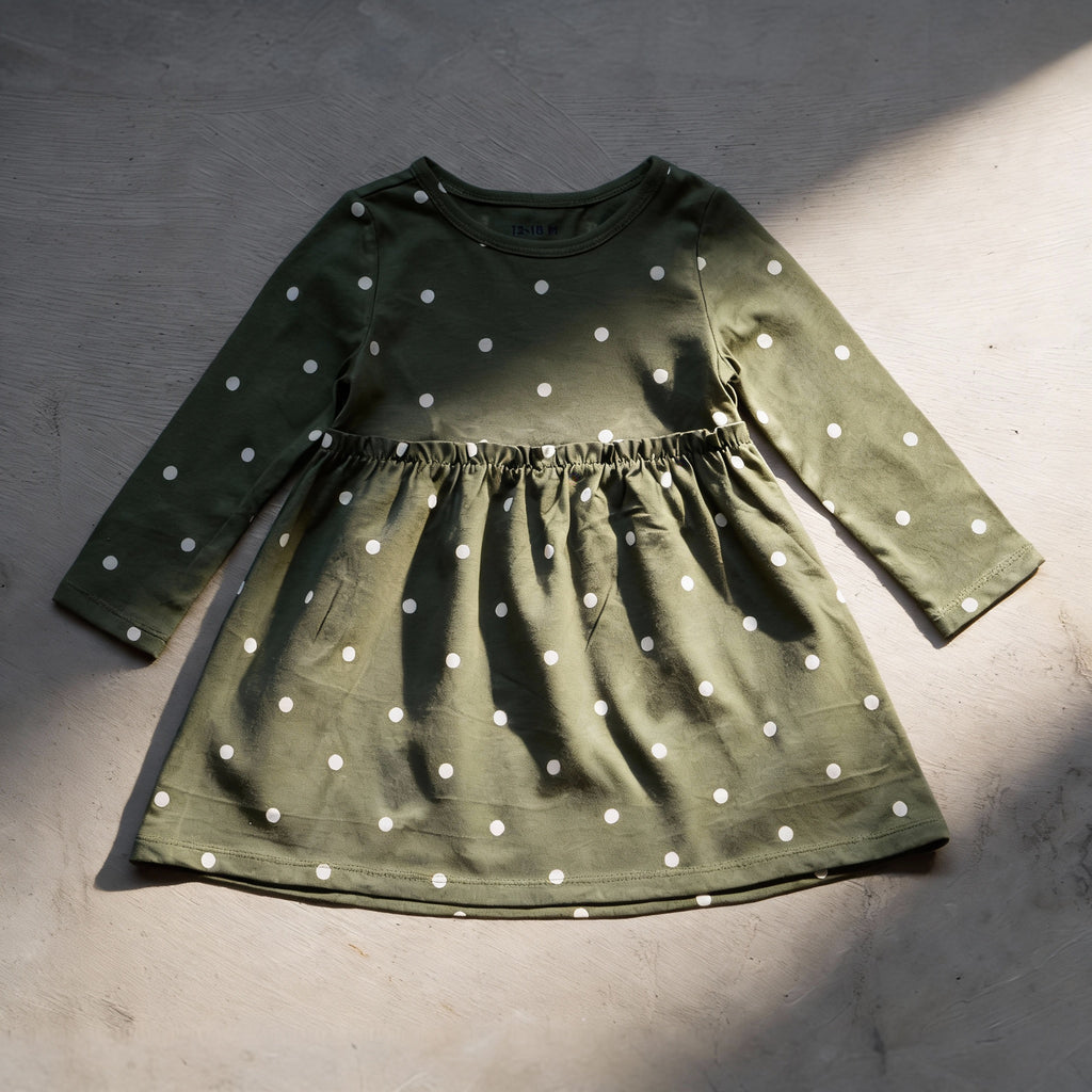 Olive Polka Long Sleeve Frock