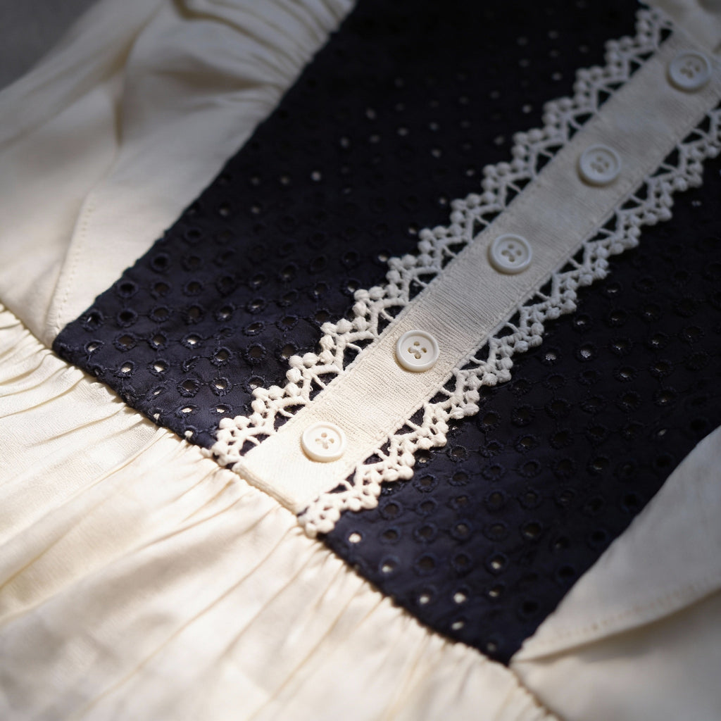 Cream & Navy Broderie Yoke Dress